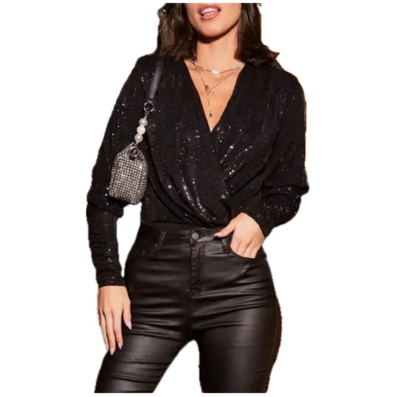 Express Long Sleeve Black Velvet Bodysuit. Sparkly - Stretchy - Thong Like New! - Picture 7 of 7